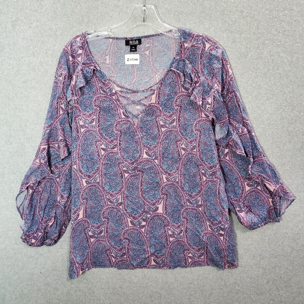 ANA A New Approach Women Top XL Purple Floral Paisley Blouse Ruffle 3/4 Sleeve